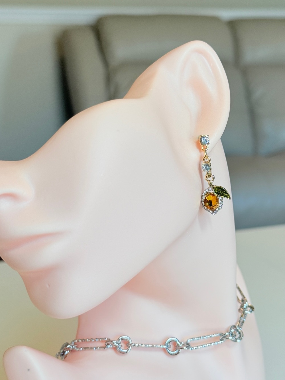 Gold Drop Earrings with Amber Crystal and Green Leaf - Picture 4 of 14